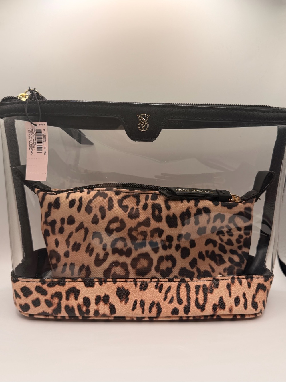 Victoria's Secret Black Trim Clear Travel Pouch with Leopard Inner Case